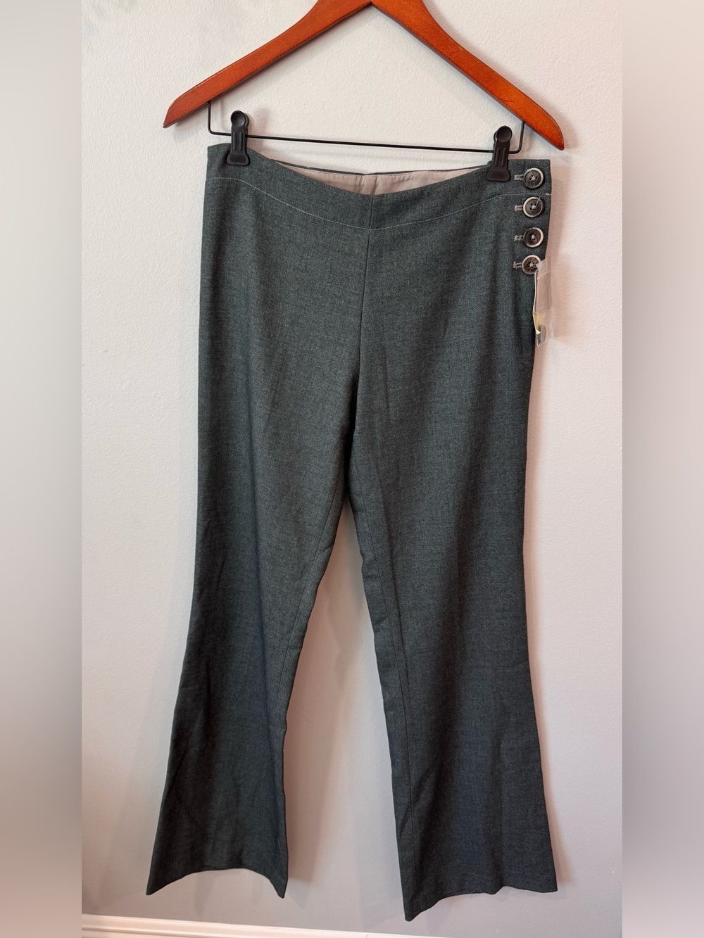 New Elevenses From Anthro Grey/Green Flare Cut Pants with Side Buttons Sz 6
